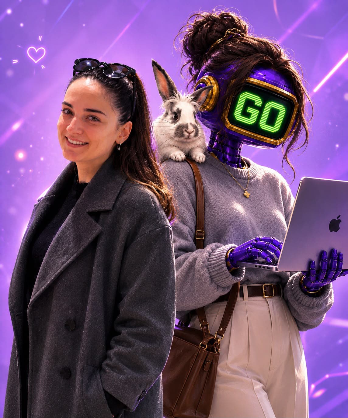 Gülümseyen ben ve yanımda dizüstü bilgisayarlı, omzunda tavşan olan mor robot alter egom